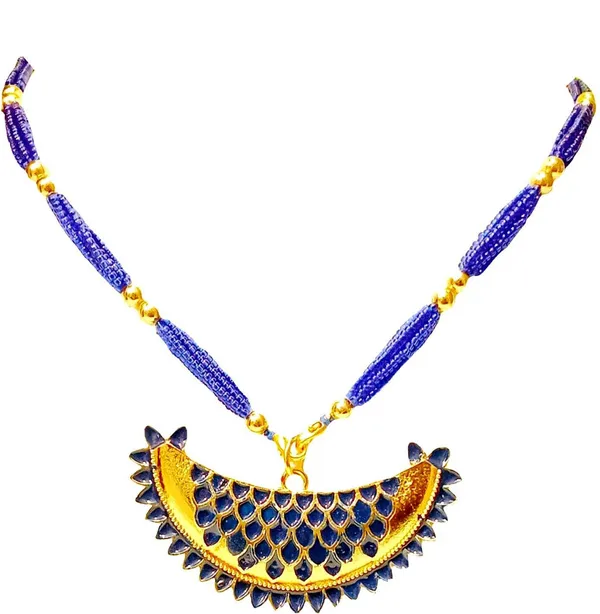(Pack_Of_2)_Assamese_Traditional_Gold_Plated_Blue_Colour_Joon_Pendant_Tassel_Necklace_For_Girls_&_Women